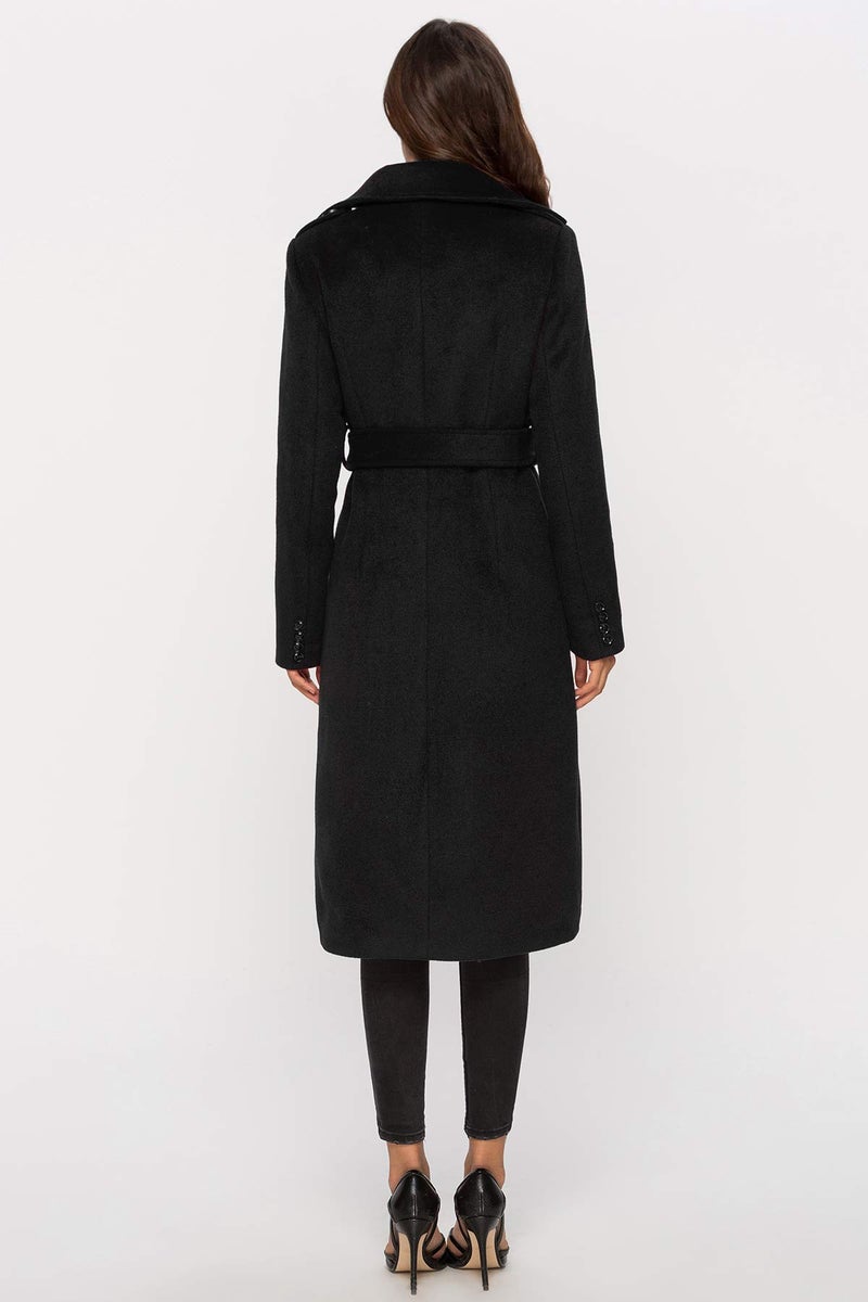 Escalier Womens Wool Coat Double Breasted Pea Coat Winter Long Trench Coat with Belt Black M - Image 5